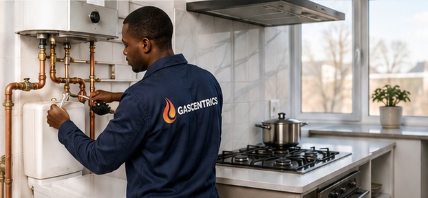 Gas technician working on a gas water heater